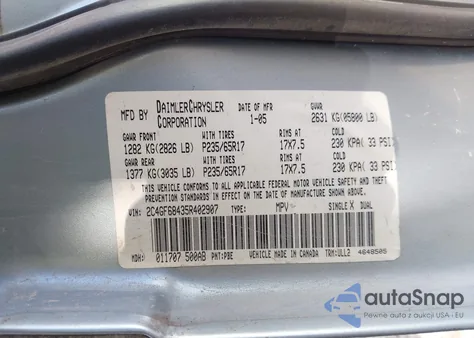 2005 Chrysler Pacifica Touring из США, поврежденный, VIN 2C4GF68435R402907